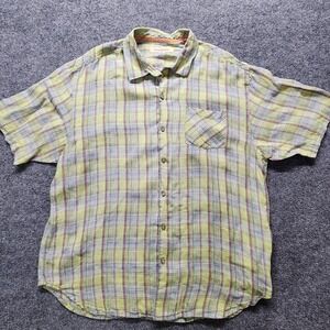 Tommy Bahama Shirt Mens XL Green Plaid Linen Button Up Short Sleeve Beach Resort